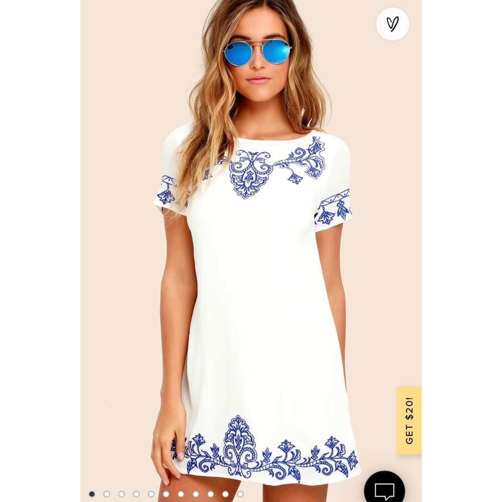 Lulu’s Tale Blue & Ivory Embroidered Shift Dress, S, great condition, Polyester